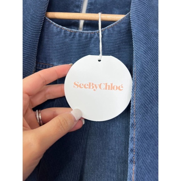 See by Chloe Knotted Tie Codruroy Blouse Top Women's Dusky Blue Size: Large NWT - Picture 7 of 10